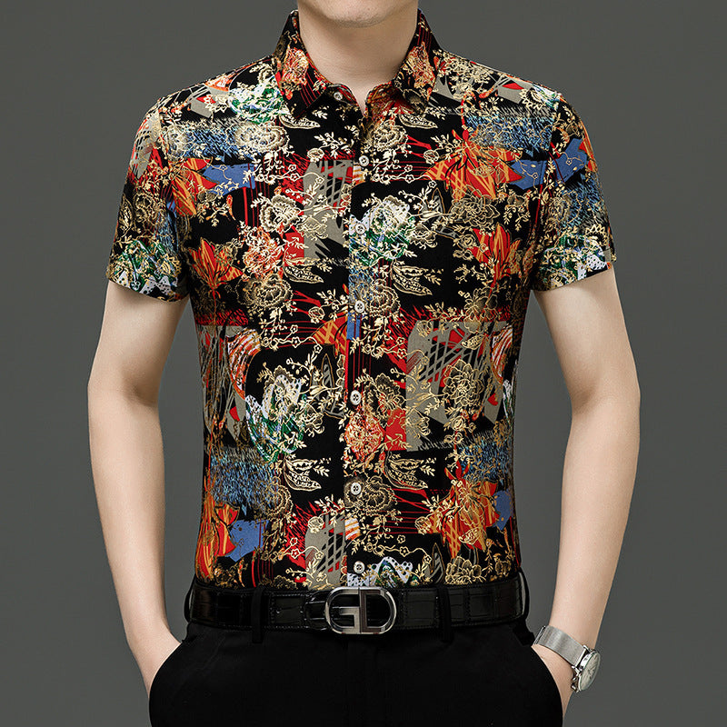 Summer Men's Middle-aged Printed Shirt Short Sleeve Stretch Ice Silk Leisure