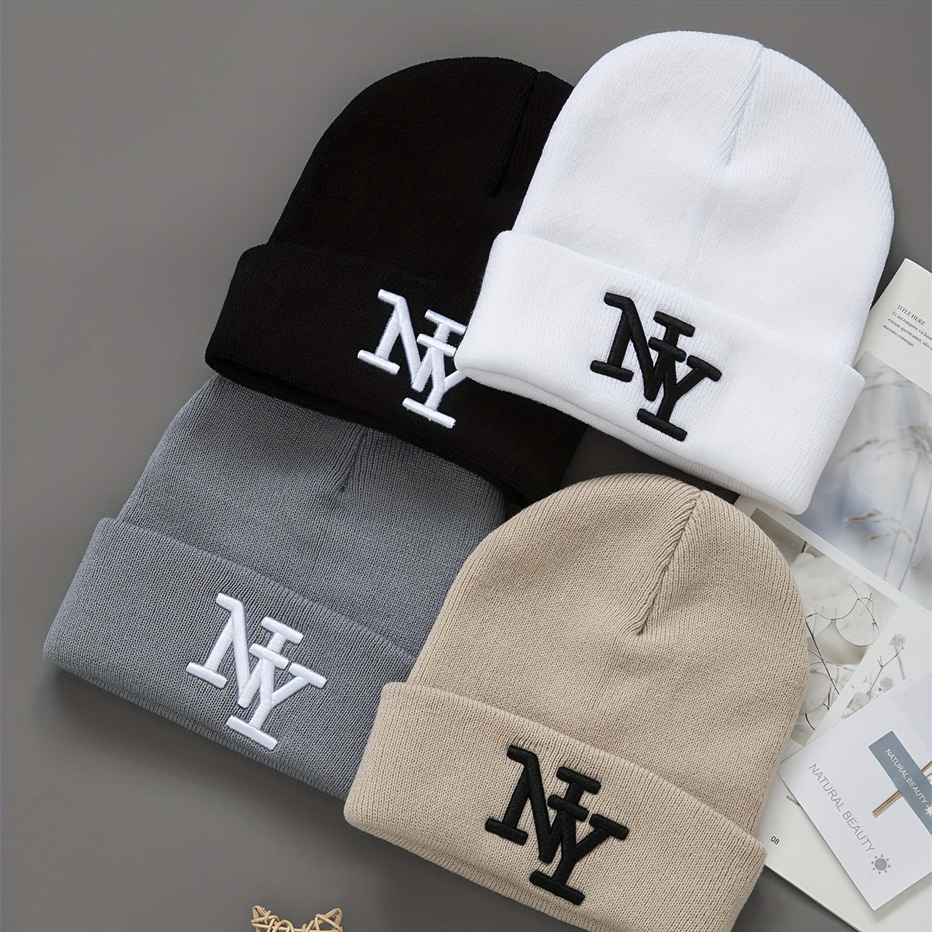 3-Pack Unisex Winter Beanie Hats, Solid Color Knitted Warm Outdoor Caps with Embroidered NY Logo, Hand Washable, Black