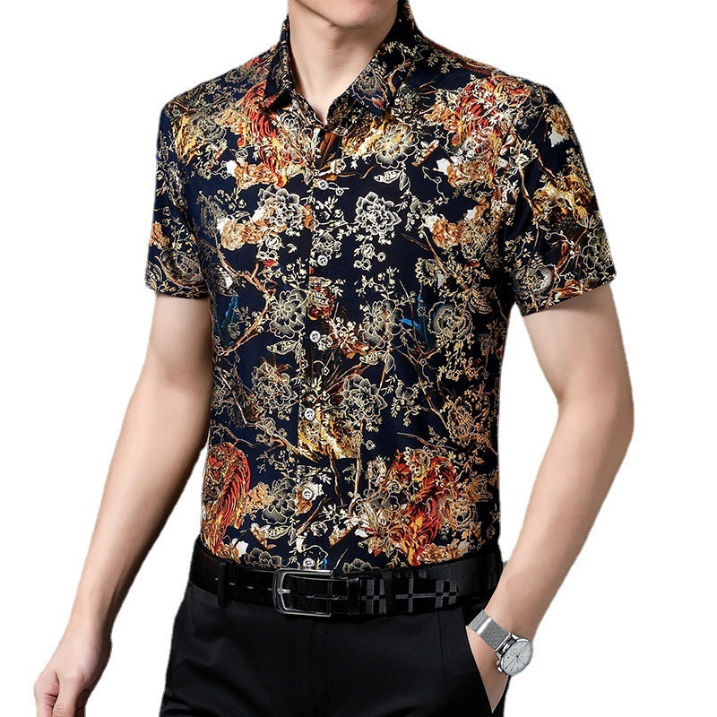 Summer Men's Middle-aged Printed Shirt Short Sleeve Stretch Ice Silk Leisure