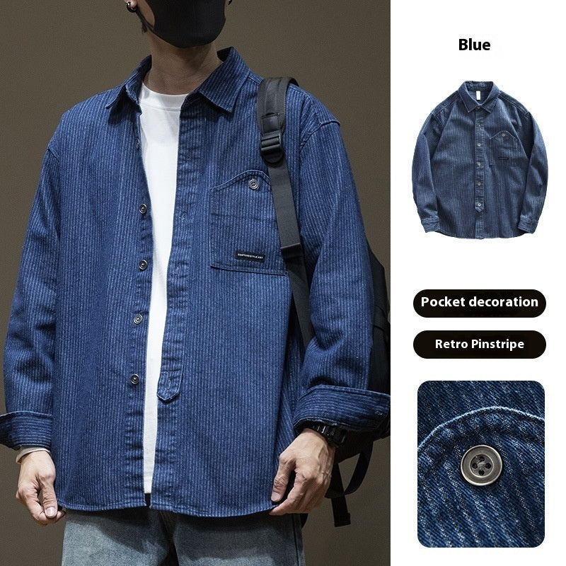Japanese Style Stripe Denim Men's Long Sleeve Shirt