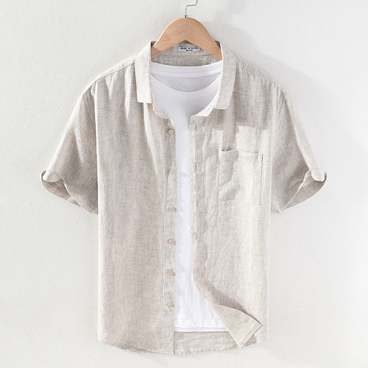 Linen Short Sleeve Casual Youth Square Collar Linen Shirt