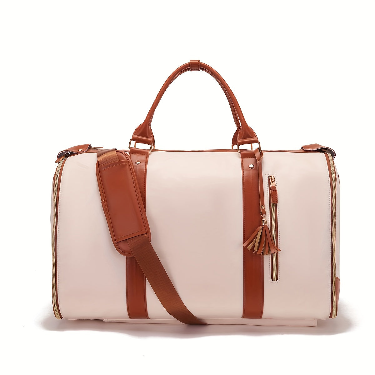Chic Tassel Faux Leather Suitcase with Retractable Wheels & Shoulder Strap - Versatile Travel Luggage in Cream