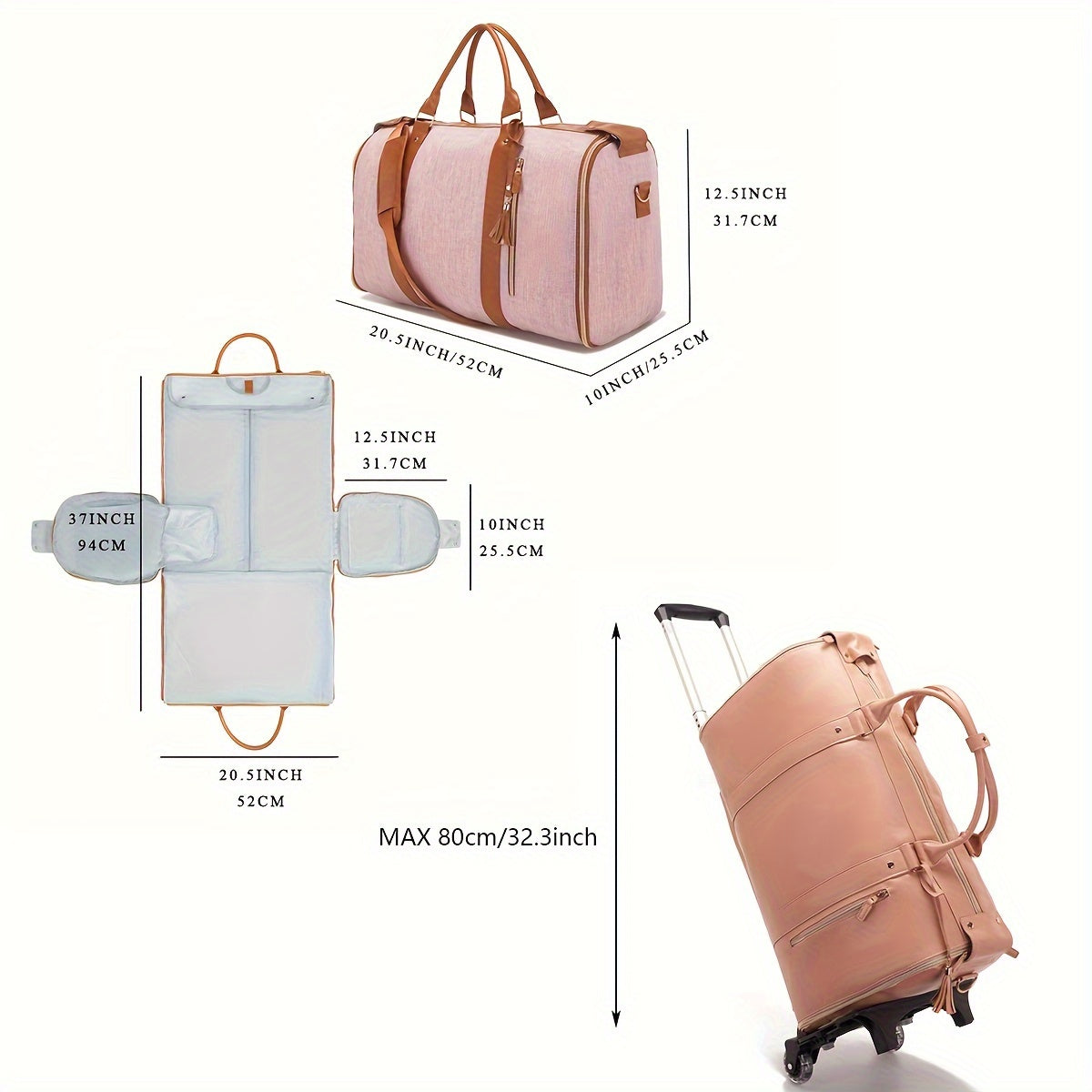 Chic Tassel Faux Leather Suitcase with Retractable Wheels & Shoulder Strap - Versatile Travel Luggage in Cream