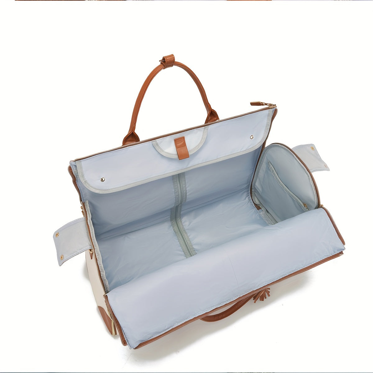 Chic Tassel Faux Leather Suitcase with Retractable Wheels & Shoulder Strap - Versatile Travel Luggage in Cream