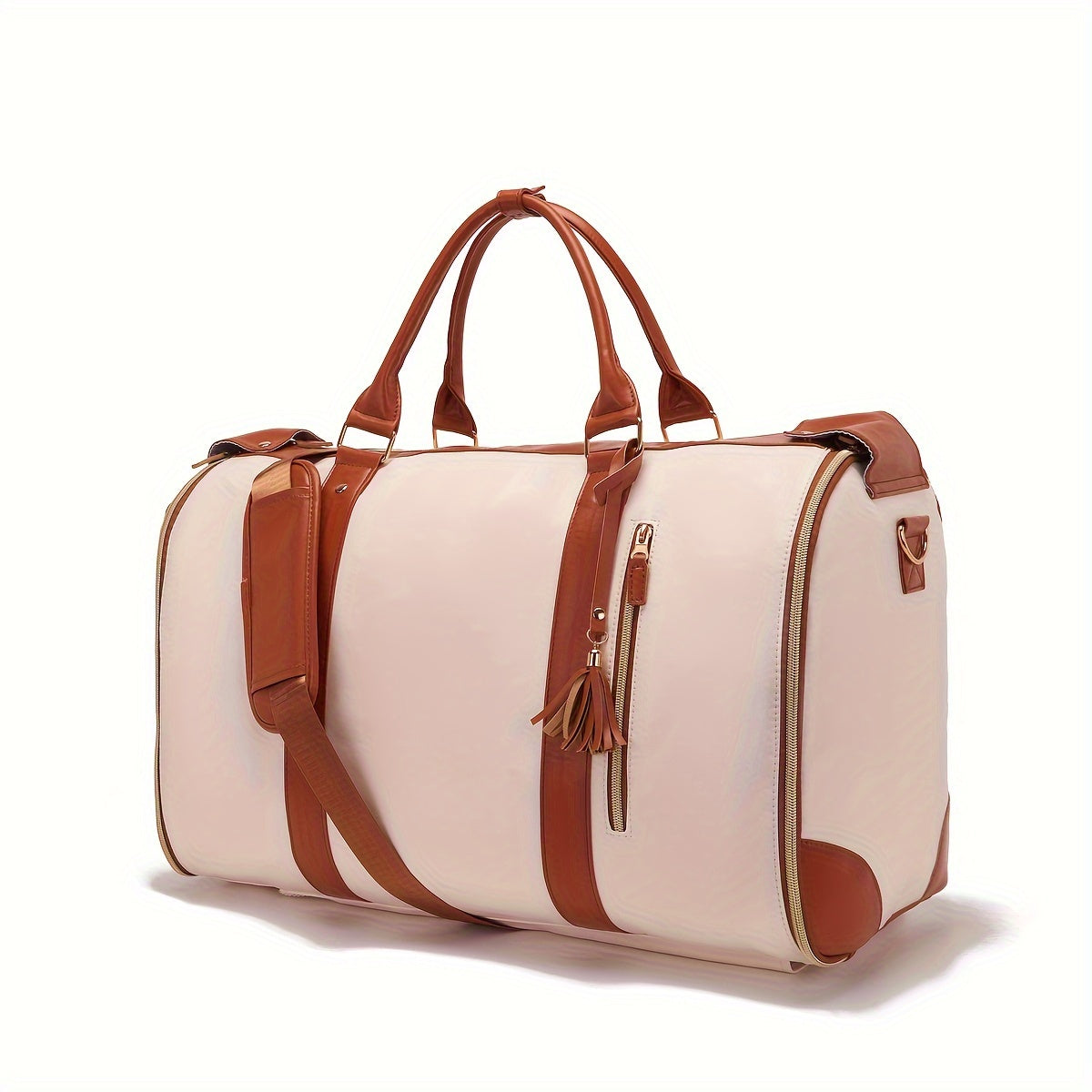 Chic Tassel Faux Leather Suitcase with Retractable Wheels & Shoulder Strap - Versatile Travel Luggage in Cream