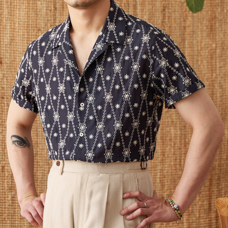 Holiday Pure Cotton Embroidery Cuban Collar Loose Shirt