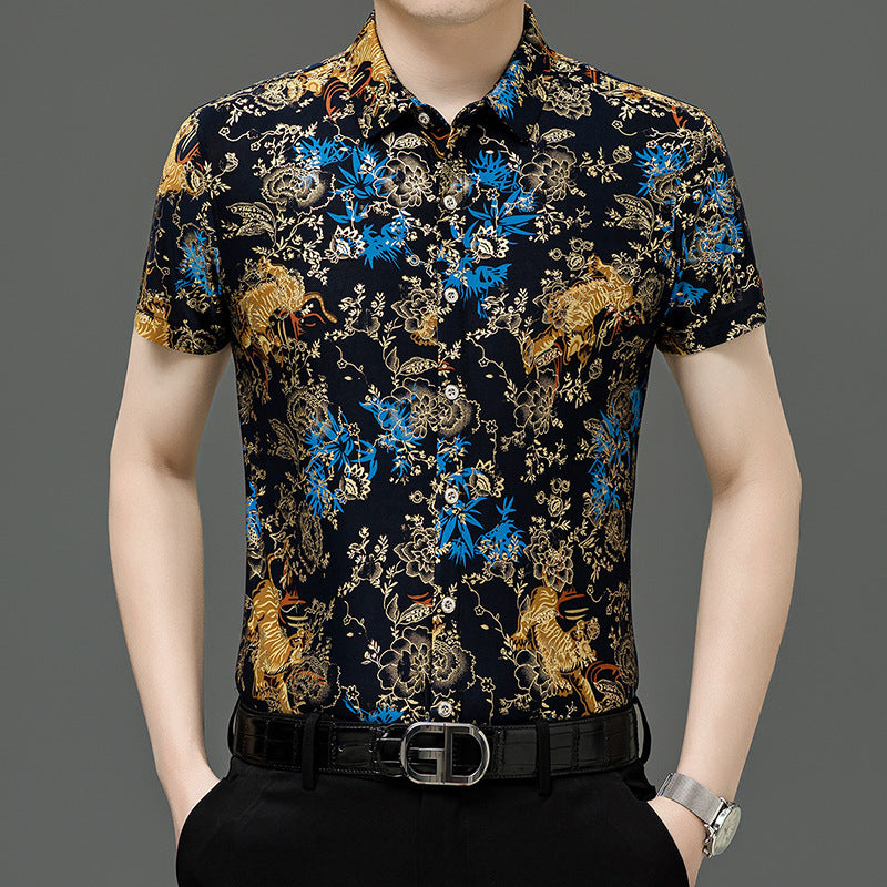 Summer Men's Middle-aged Printed Shirt Short Sleeve Stretch Ice Silk Leisure