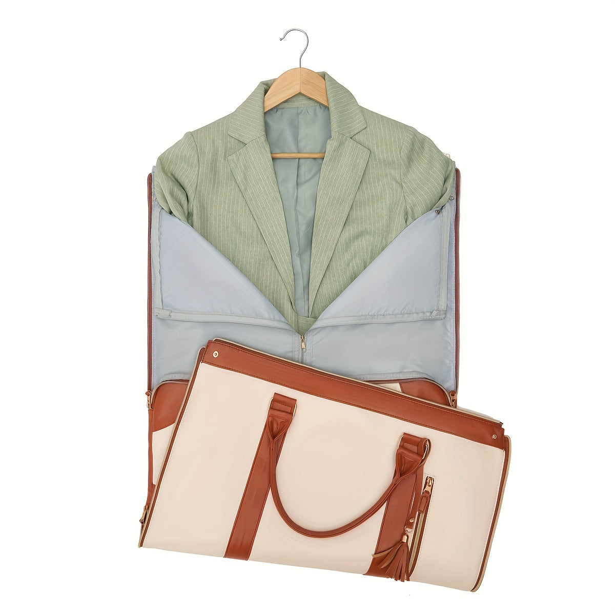 Chic Tassel Faux Leather Suitcase with Retractable Wheels & Shoulder Strap - Versatile Travel Luggage in Cream