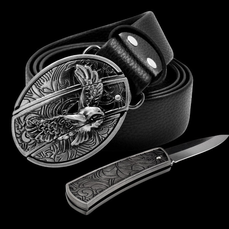 Men's Leather Smooth Buckle Belt Knife