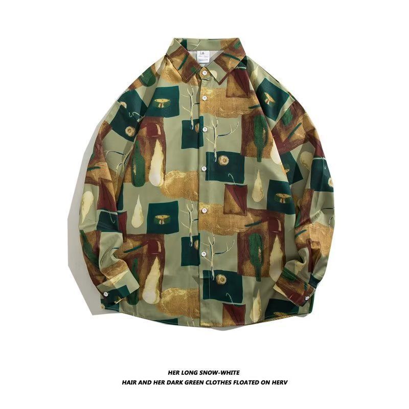 Men's Loose Hong Kong Style Retro Long Sleeve Printed Shirt