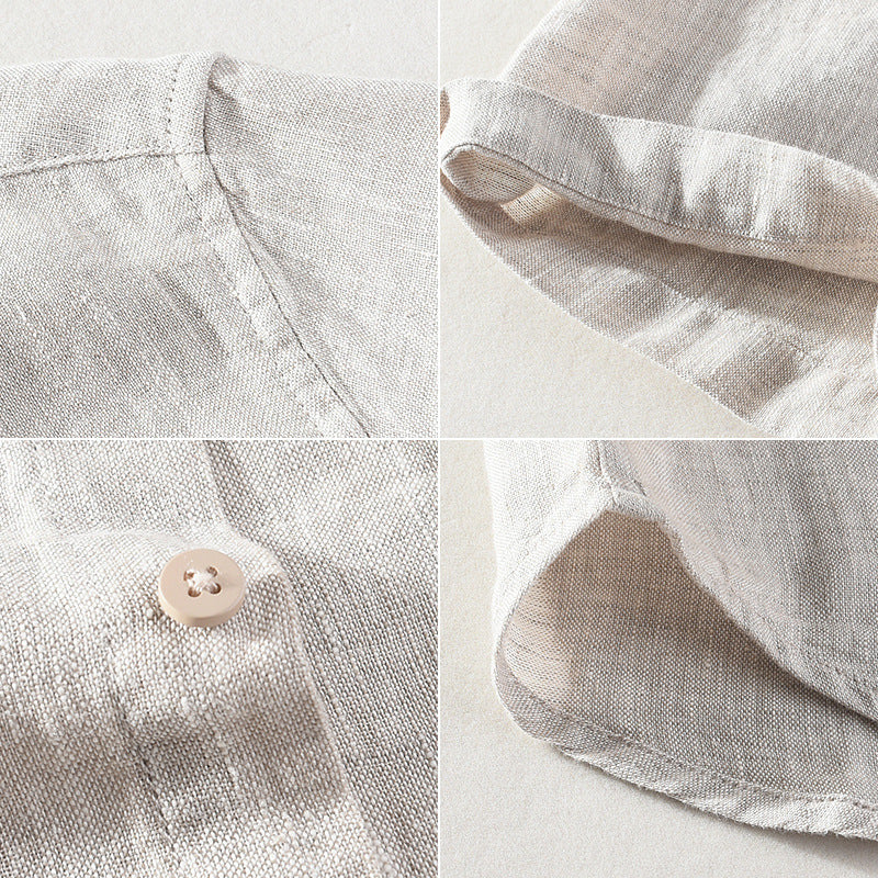 Linen Short Sleeve Casual Youth Square Collar Linen Shirt