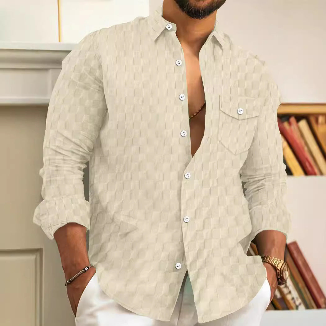 Men's Plaid Jacquard Chest Pocket Lapels Long Sleeve Lapel Shirt