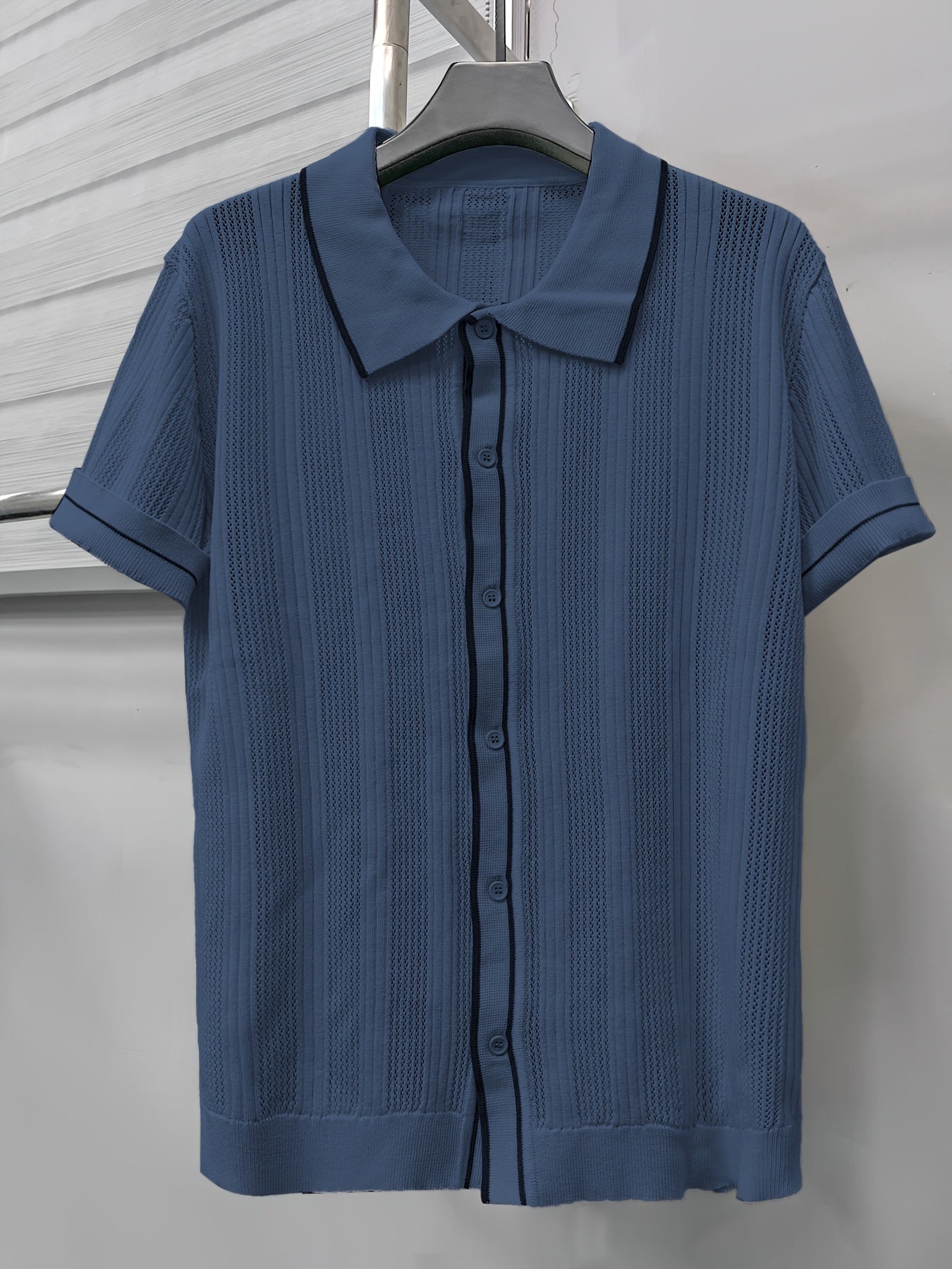 2025 Spring And Summer New Hollow Striped Men'S Shirts, Men'S Casual Contrasting Lapel Short-Sleeved Tops, Men'S Summer Short-Sleeved Shirts, Men'S Shirts for Daily Outings, Men'S Tops, Men'S Shirts