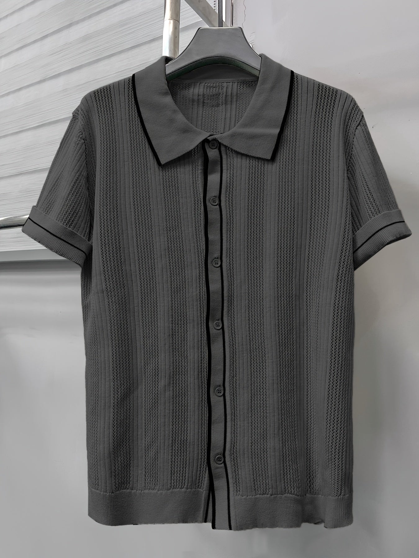 2025 Spring And Summer New Hollow Striped Men'S Shirts, Men'S Casual Contrasting Lapel Short-Sleeved Tops, Men'S Summer Short-Sleeved Shirts, Men'S Shirts for Daily Outings, Men'S Tops, Men'S Shirts