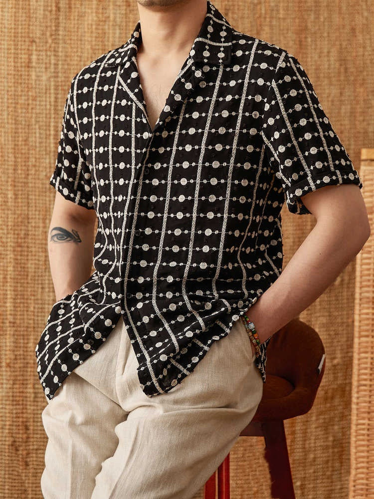 Pure Cotton Embroidery Cuban Collar Short Sleeve Printed Shirt Breathable Casual Shirt