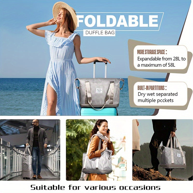 Versatile Expandable Travel Bag with Wheels - Large Capacity, Foldable Nylon Luggage in Checkered Design, Dry/Wet Separation, Fits Trolley Cases, with Adjustable Straps for Sports, Fitness & Moving - Available in Multiple Col