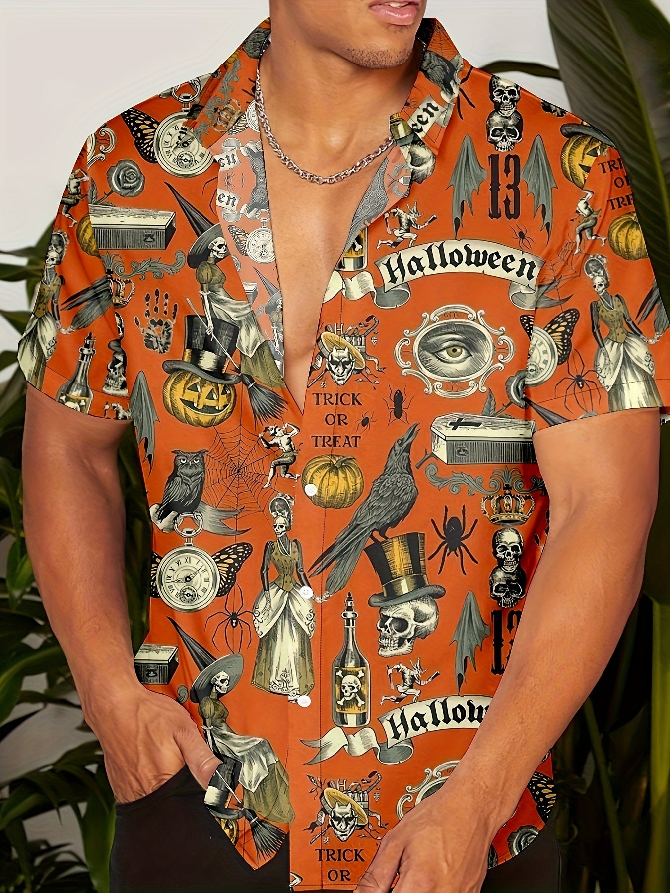 Men's Shirts Halloween Pattern Shirts Casual Fashion Shirts Lapel Shirts Horror Pattern Pumpkin Head Crow Skull Man Print Outdoor Street Short Sleeve Printed Button-down Clothing Fashion Designer Casual Breathable