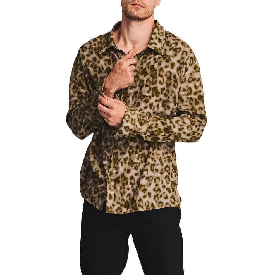 Men's Leopard Print Plus Size Printed Long Sleeve Loose Casual Shirt
