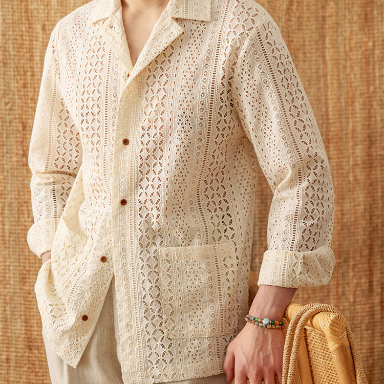 Cotton Hollow Cuban Collar Long Sleeve Shirt