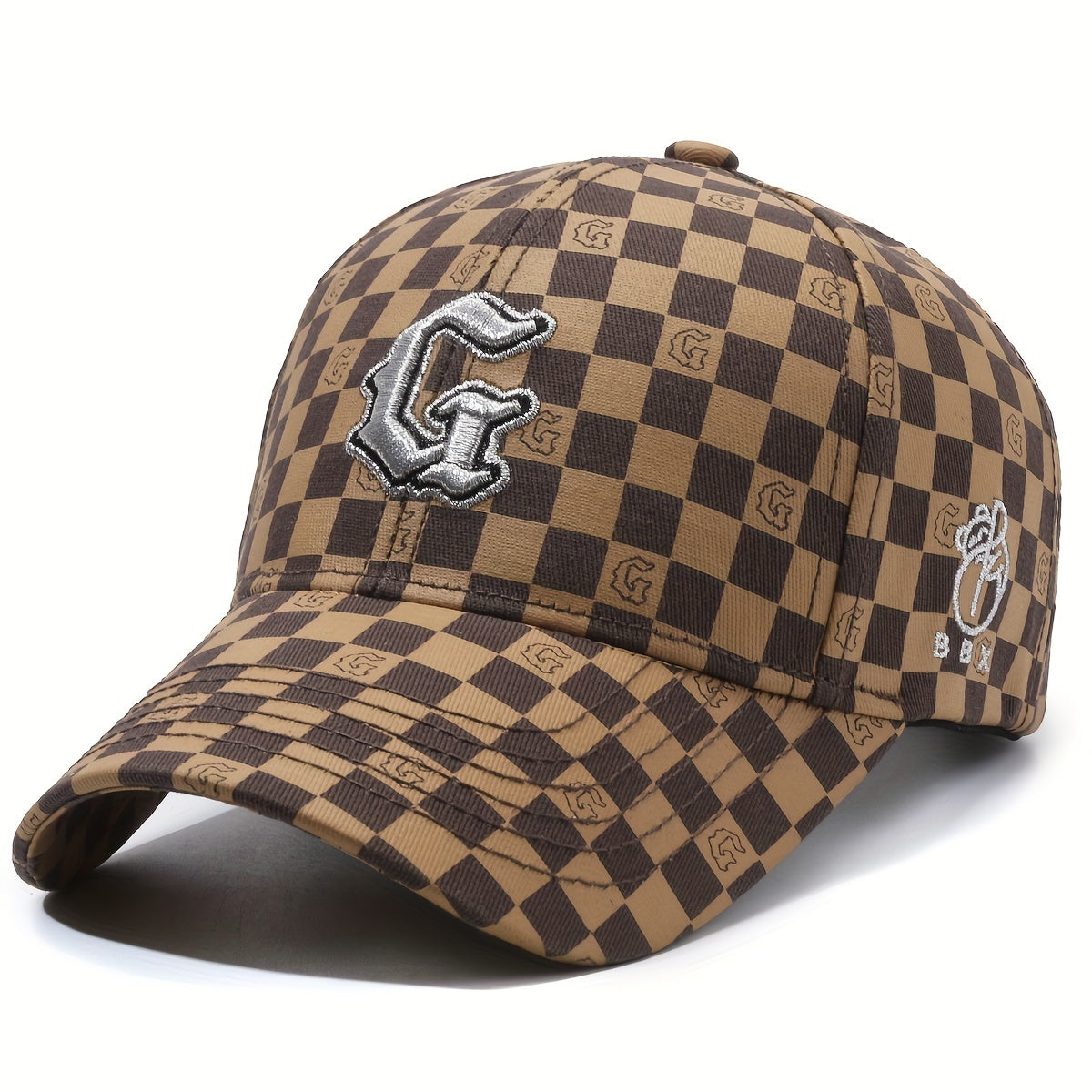 Trendy Gothic Curved Brim Baseball Cap - Baseball Caps with Embroidery Letter G, Checkered Pattern, Snapback Design for Casual Leisure Outdoor Sports
