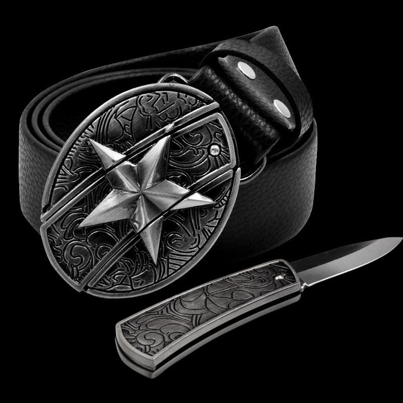 Men's Leather Smooth Buckle Belt Knife