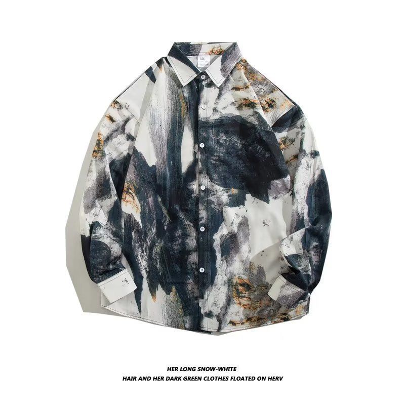 Men's Loose Hong Kong Style Retro Long Sleeve Printed Shirt