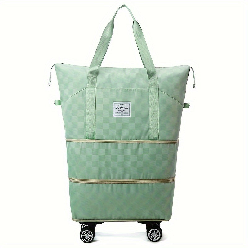 Versatile Expandable Travel Bag with Wheels - Large Capacity, Foldable Nylon Luggage in Checkered Design, Dry/Wet Separation, Fits Trolley Cases, with Adjustable Straps for Sports, Fitness & Moving - Available in Multiple Col