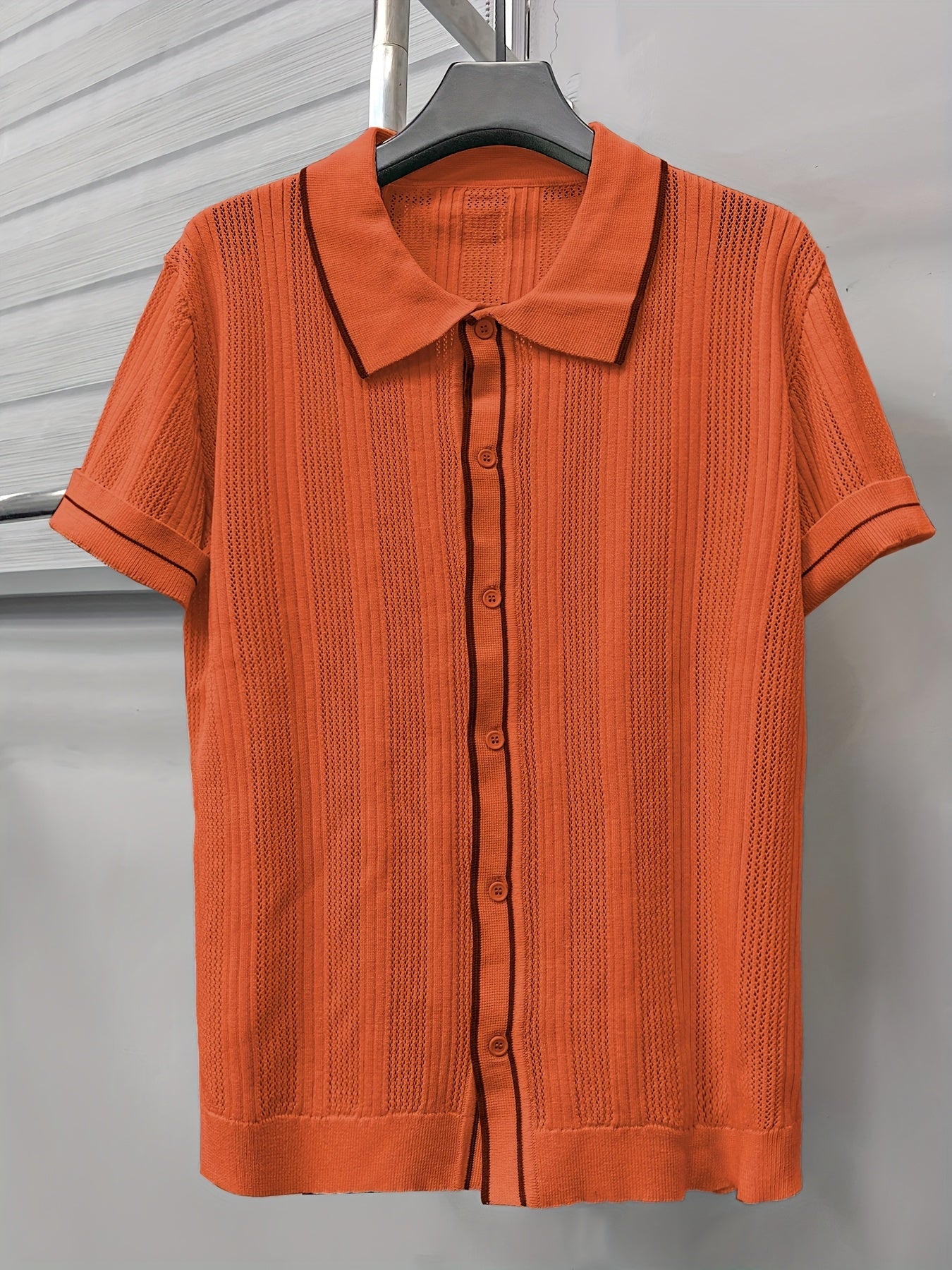 2025 Spring And Summer New Hollow Striped Men'S Shirts, Men'S Casual Contrasting Lapel Short-Sleeved Tops, Men'S Summer Short-Sleeved Shirts, Men'S Shirts for Daily Outings, Men'S Tops, Men'S Shirts