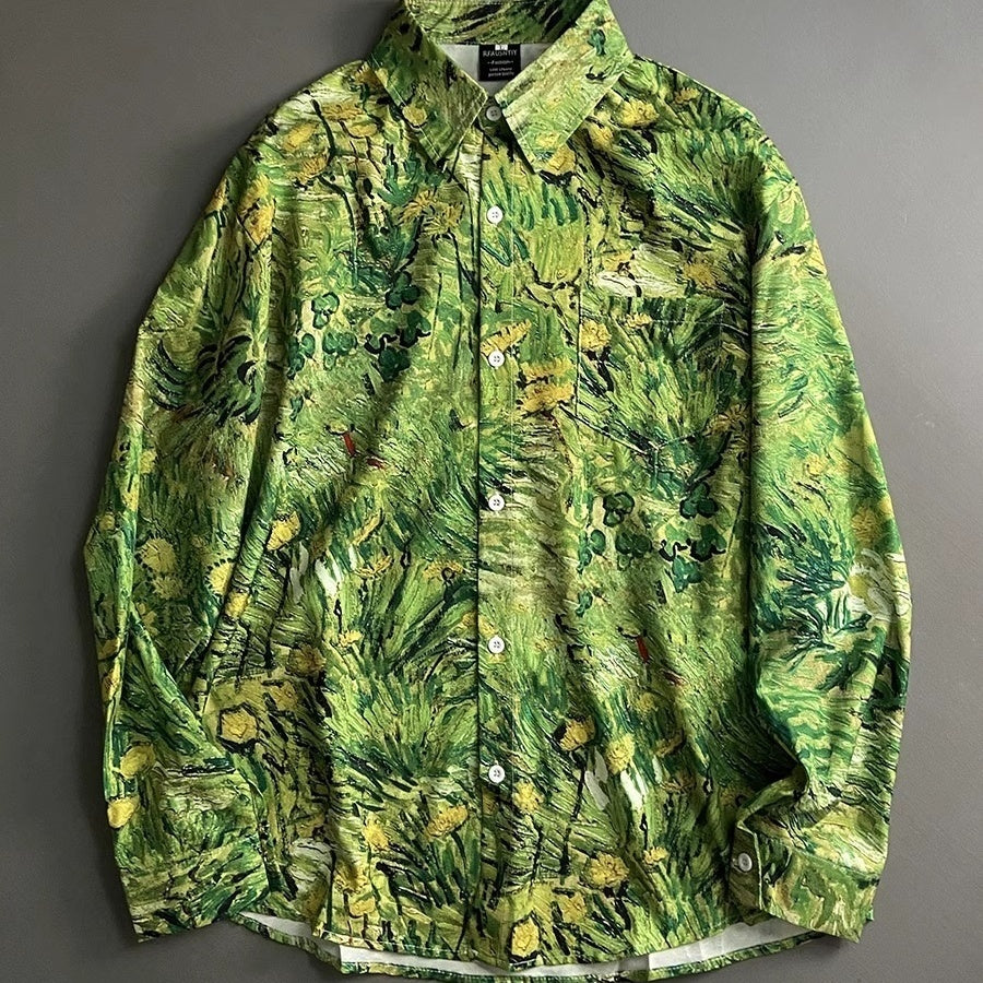 Grass Green Plant Oil Painting Floral Long Sleeve Shirt