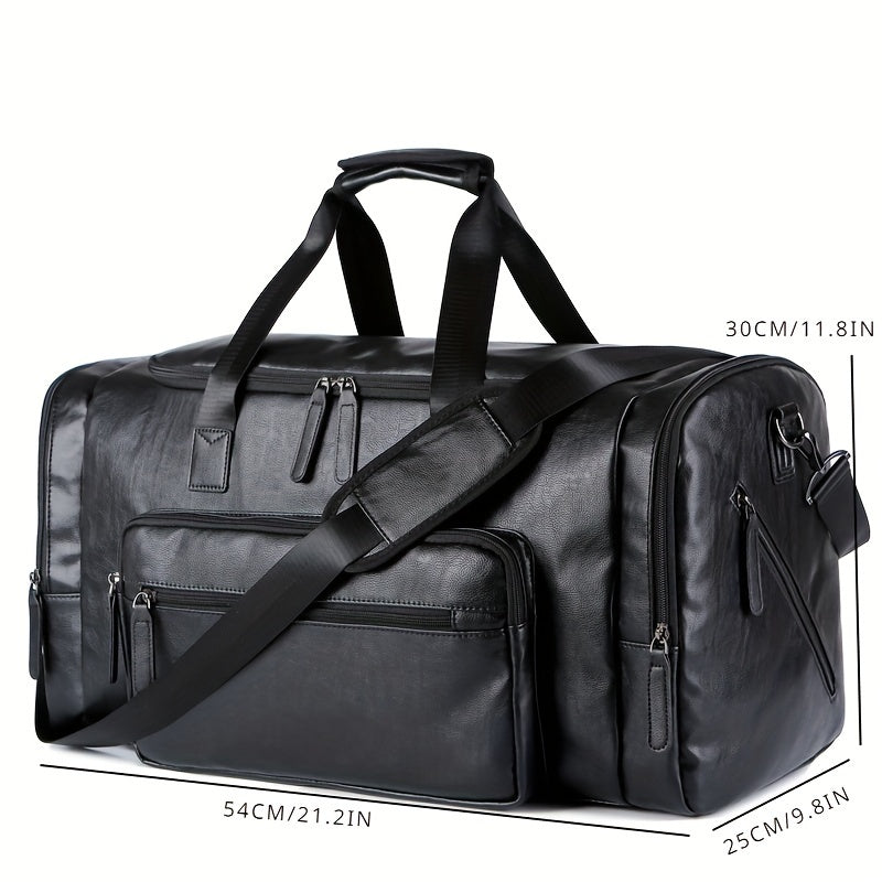 Large Capacity Vintage Style PU Leather Travel Tote Bag - Spacious Business Trip Duffle with Adjustable Shoulder Strap, Multiple Compartments, and Hand Carry Design - Durable, Stylish, and Easy to Organize Luggage for Men, No