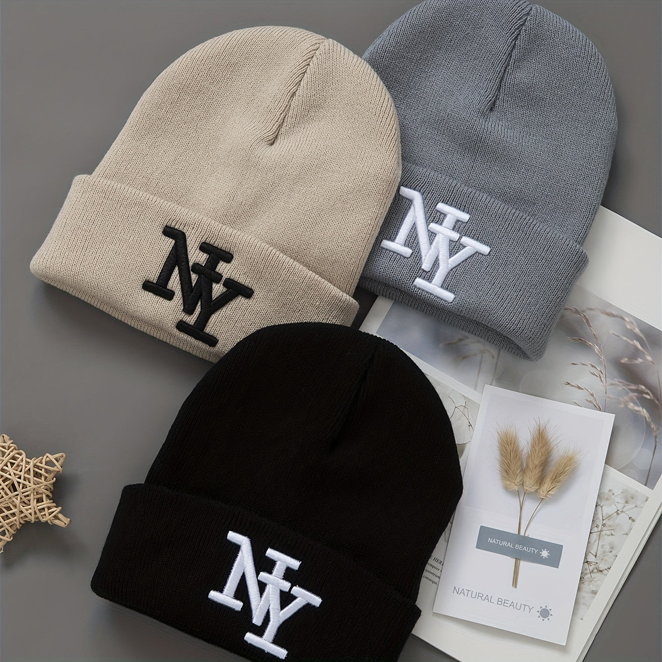 3-Pack Unisex Winter Beanie Hats, Solid Color Knitted Warm Outdoor Caps with Embroidered NY Logo, Hand Washable, Black