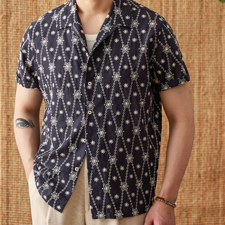 Holiday Pure Cotton Embroidery Cuban Collar Loose Shirt
