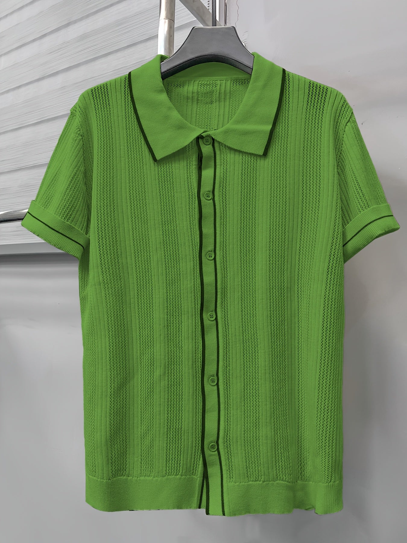 2025 Spring And Summer New Hollow Striped Men'S Shirts, Men'S Casual Contrasting Lapel Short-Sleeved Tops, Men'S Summer Short-Sleeved Shirts, Men'S Shirts for Daily Outings, Men'S Tops, Men'S Shirts