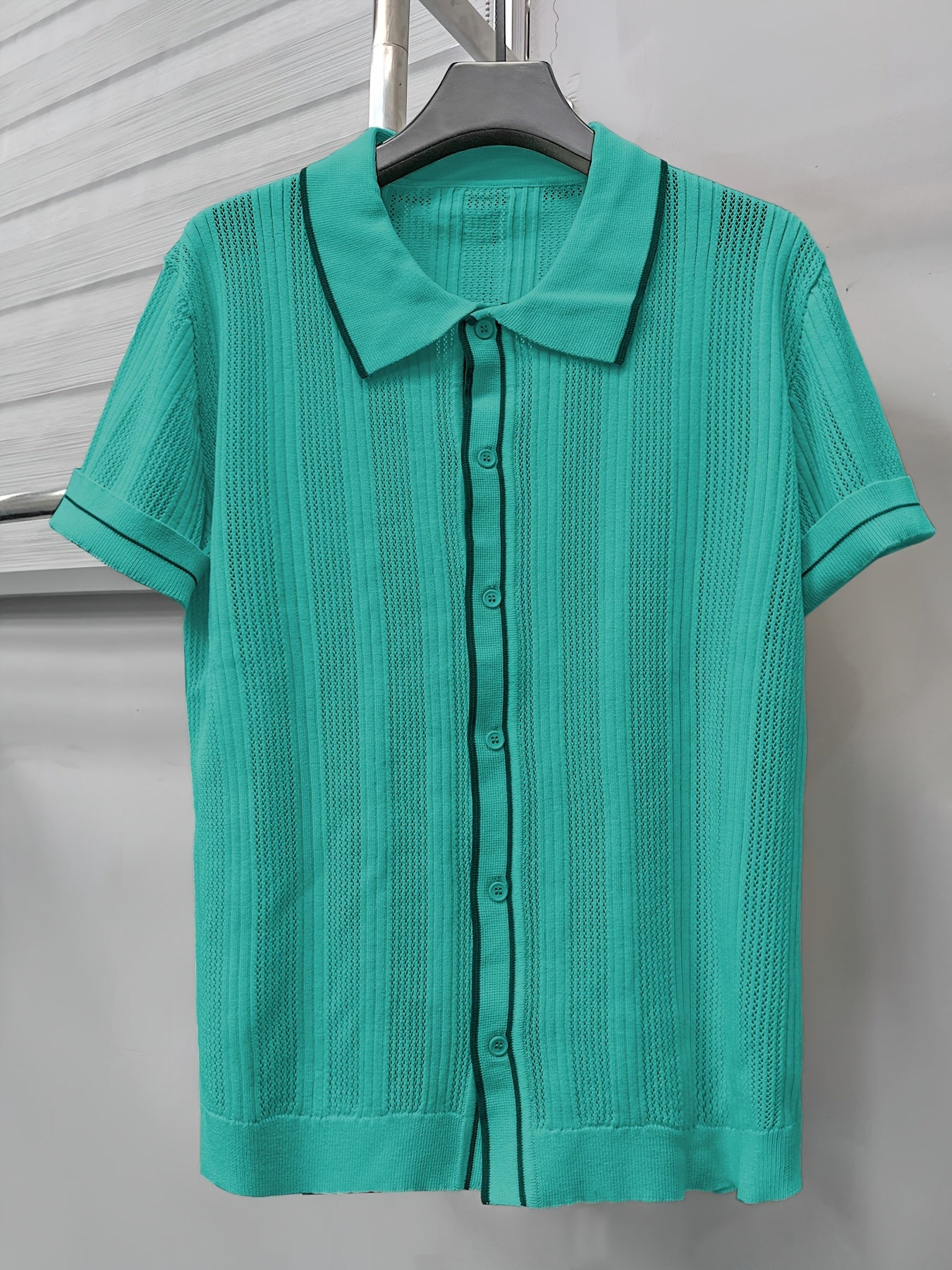 2025 Spring And Summer New Hollow Striped Men'S Shirts, Men'S Casual Contrasting Lapel Short-Sleeved Tops, Men'S Summer Short-Sleeved Shirts, Men'S Shirts for Daily Outings, Men'S Tops, Men'S Shirts