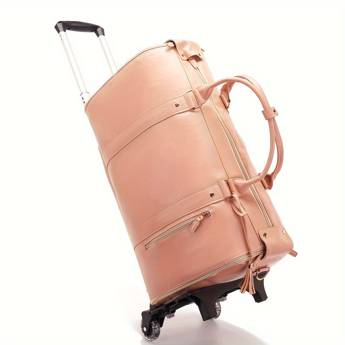 Chic Tassel Faux Leather Suitcase with Retractable Wheels & Shoulder Strap - Versatile Travel Luggage in Cream