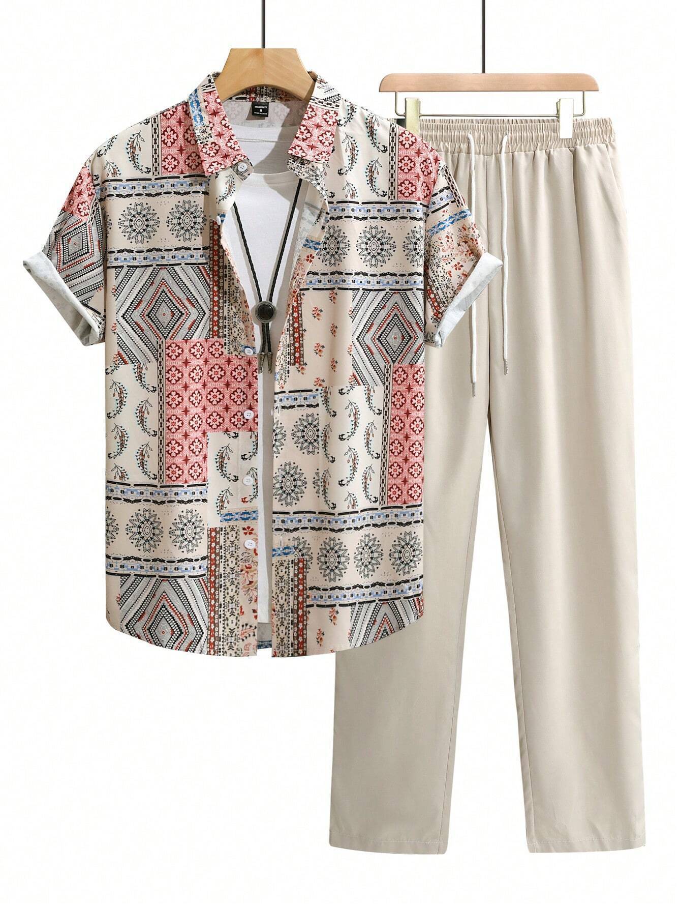 Casual Ethnic Style Short Sleeve Shirt Trousers Suit