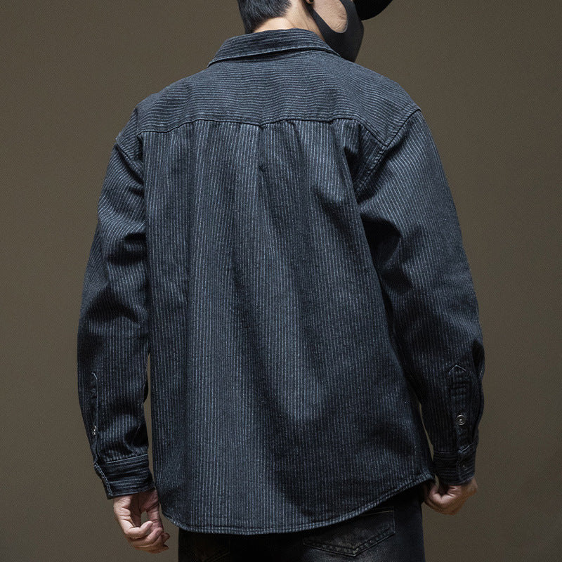 Japanese Style Stripe Denim Men's Long Sleeve Shirt