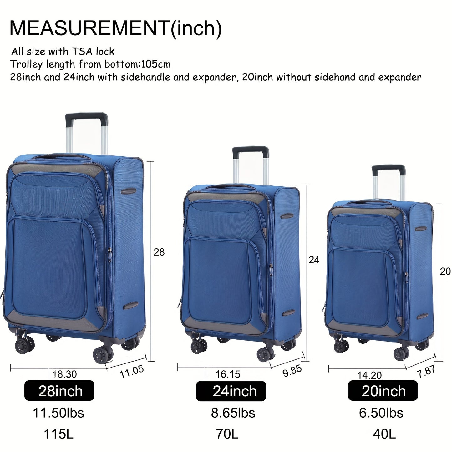 Softside Luggage Sets With Spinner Wheels 3pcs Set Lightweight Suitcase Set With TSA Lock, Expandable Luggage Sets With Inside Pocket