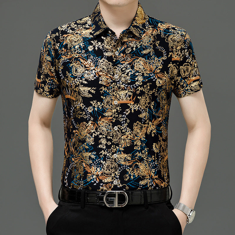 Summer Men's Middle-aged Printed Shirt Short Sleeve Stretch Ice Silk Leisure