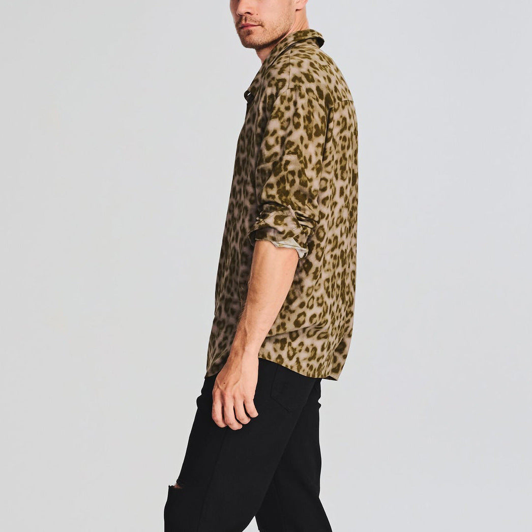 Men's Leopard Print Plus Size Printed Long Sleeve Loose Casual Shirt