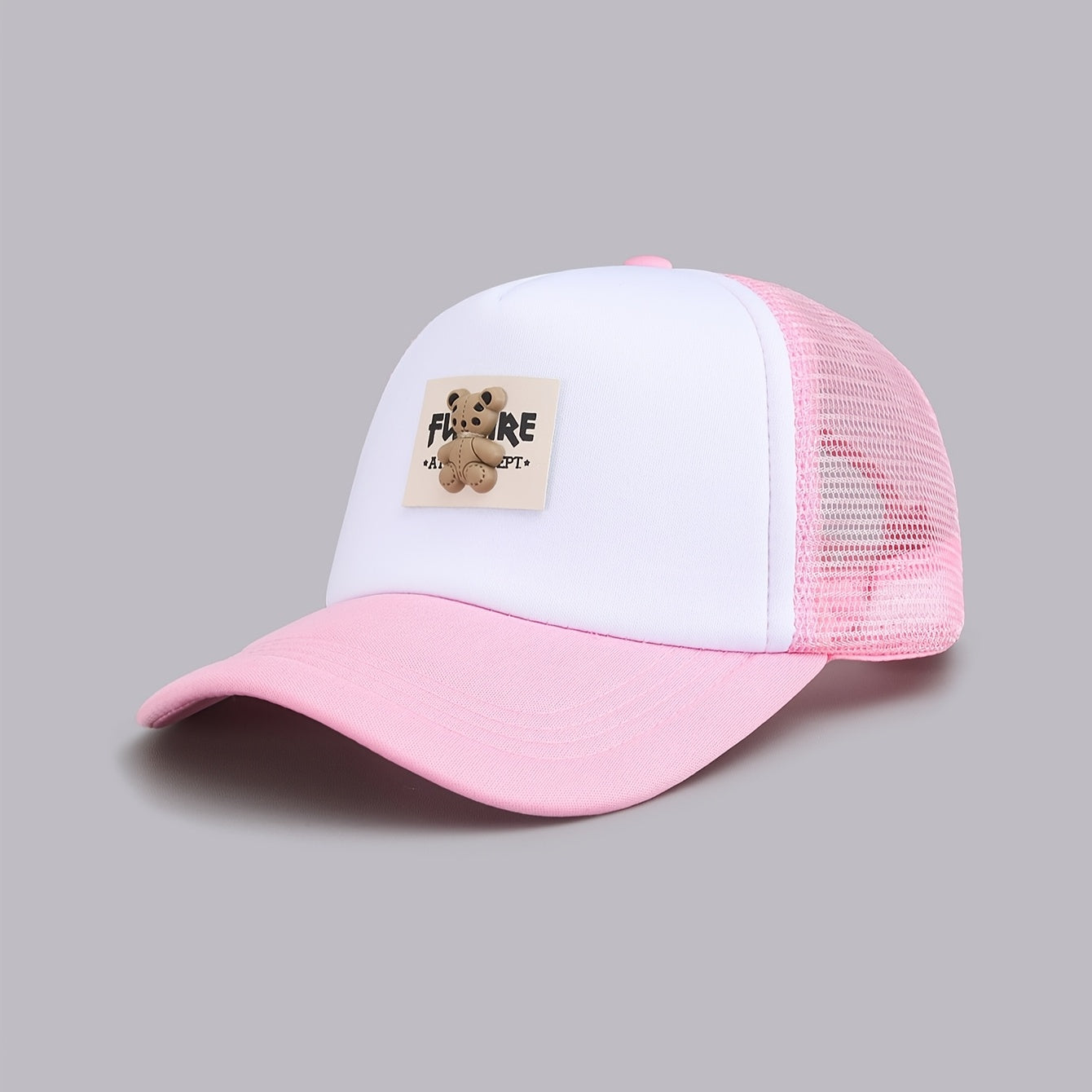 Cute Bear Graphic Baseball Caps - Adjustable, Sun-Protective, Breathable Mesh Summer Hats for Women, Light Blue, Red, Black, White, Pink, Hand Washable Polyester, Summer Headwear | Playful Accessory | Knitted Texture