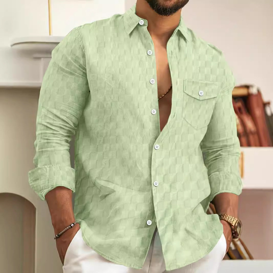 Men's Plaid Jacquard Chest Pocket Lapels Long Sleeve Lapel Shirt