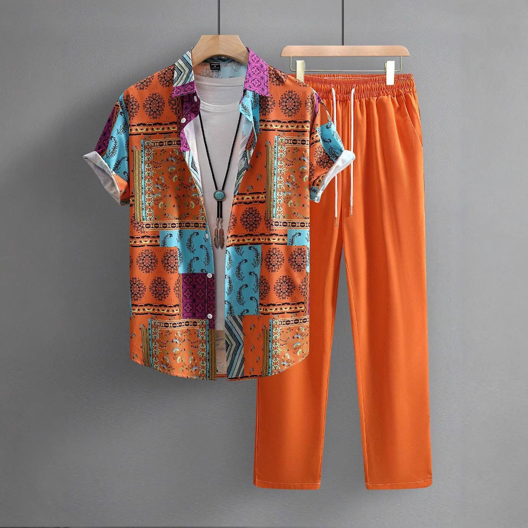 Casual Ethnic Style Short Sleeve Shirt Trousers Suit