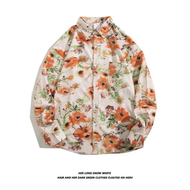 Men's Loose Hong Kong Style Retro Long Sleeve Printed Shirt