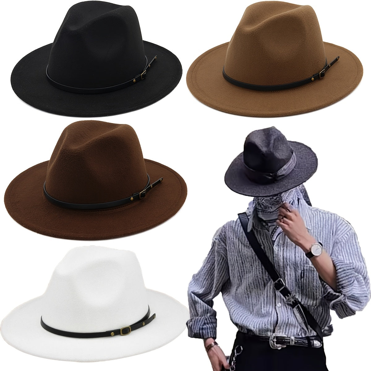 Vintage-Inspired 4-Pack Unisex Fedora Hats - Classic Cowboy/Cowgirl Panama Caps with Slim Band - High-Quality Woven Polyester, Machine Washable, Ideal for Cosplay, Photo Props & Festivals