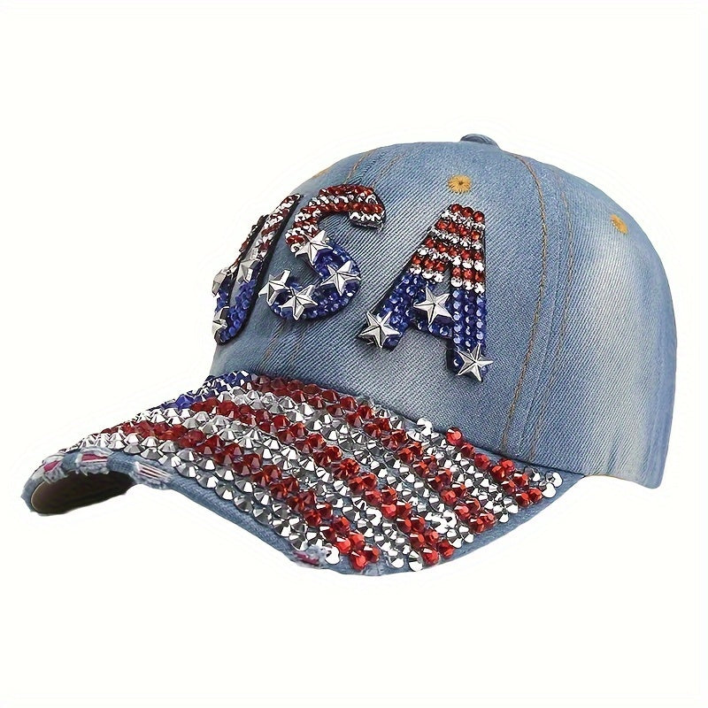 Rhinestone  American Flag Embroidered Denim Baseball Cap, U.S.A. Patriotic Caps For Veteran's Day, July 4th Independence Day, Hats For Men&Women