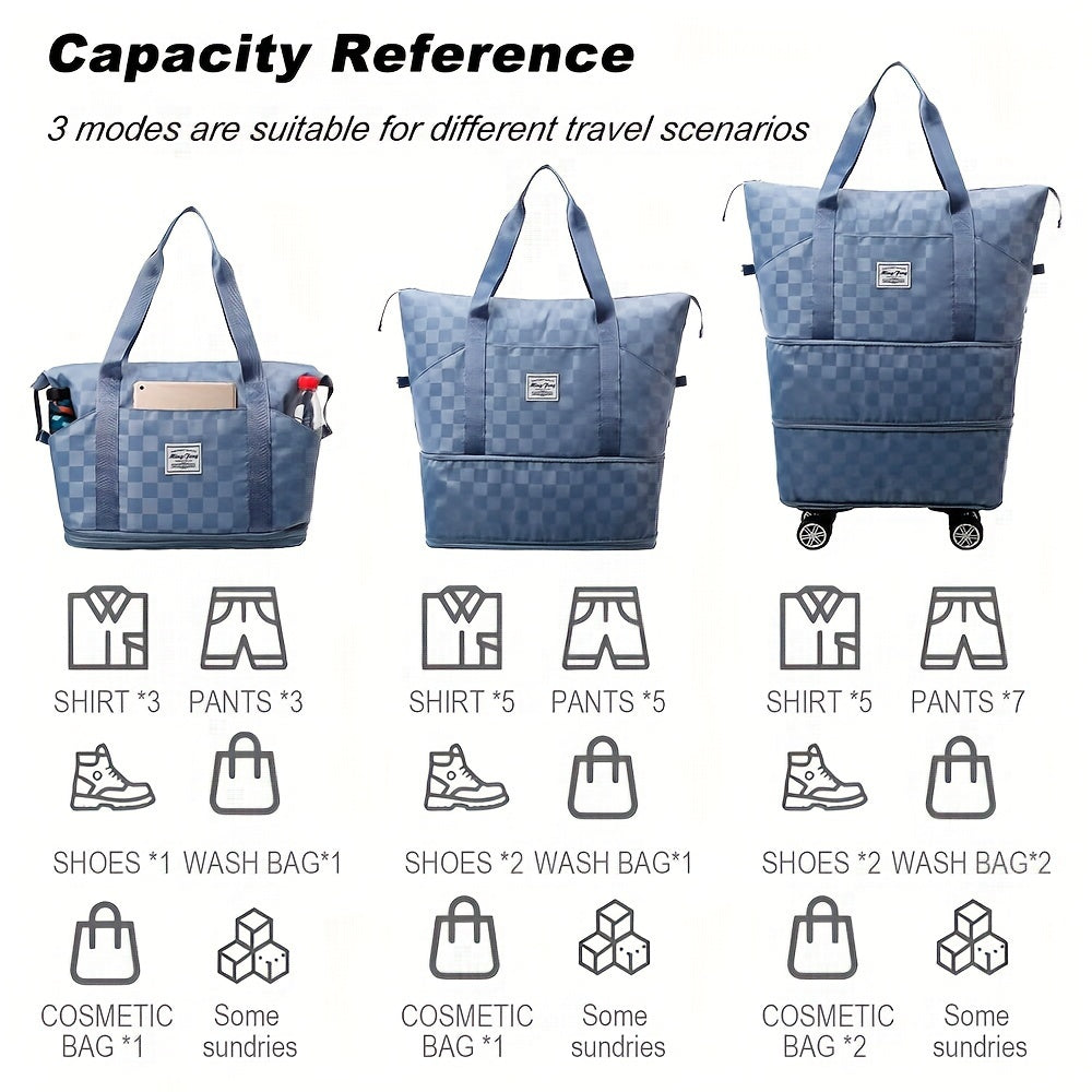 Versatile Expandable Travel Bag with Wheels - Large Capacity, Foldable Nylon Luggage in Checkered Design, Dry/Wet Separation, Fits Trolley Cases, with Adjustable Straps for Sports, Fitness & Moving - Available in Multiple Col