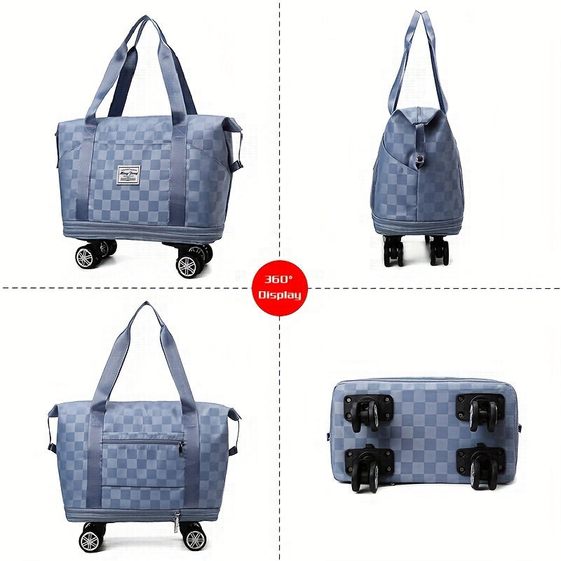 Versatile Expandable Travel Bag with Wheels - Large Capacity, Foldable Nylon Luggage in Checkered Design, Dry/Wet Separation, Fits Trolley Cases, with Adjustable Straps for Sports, Fitness & Moving - Available in Multiple Col