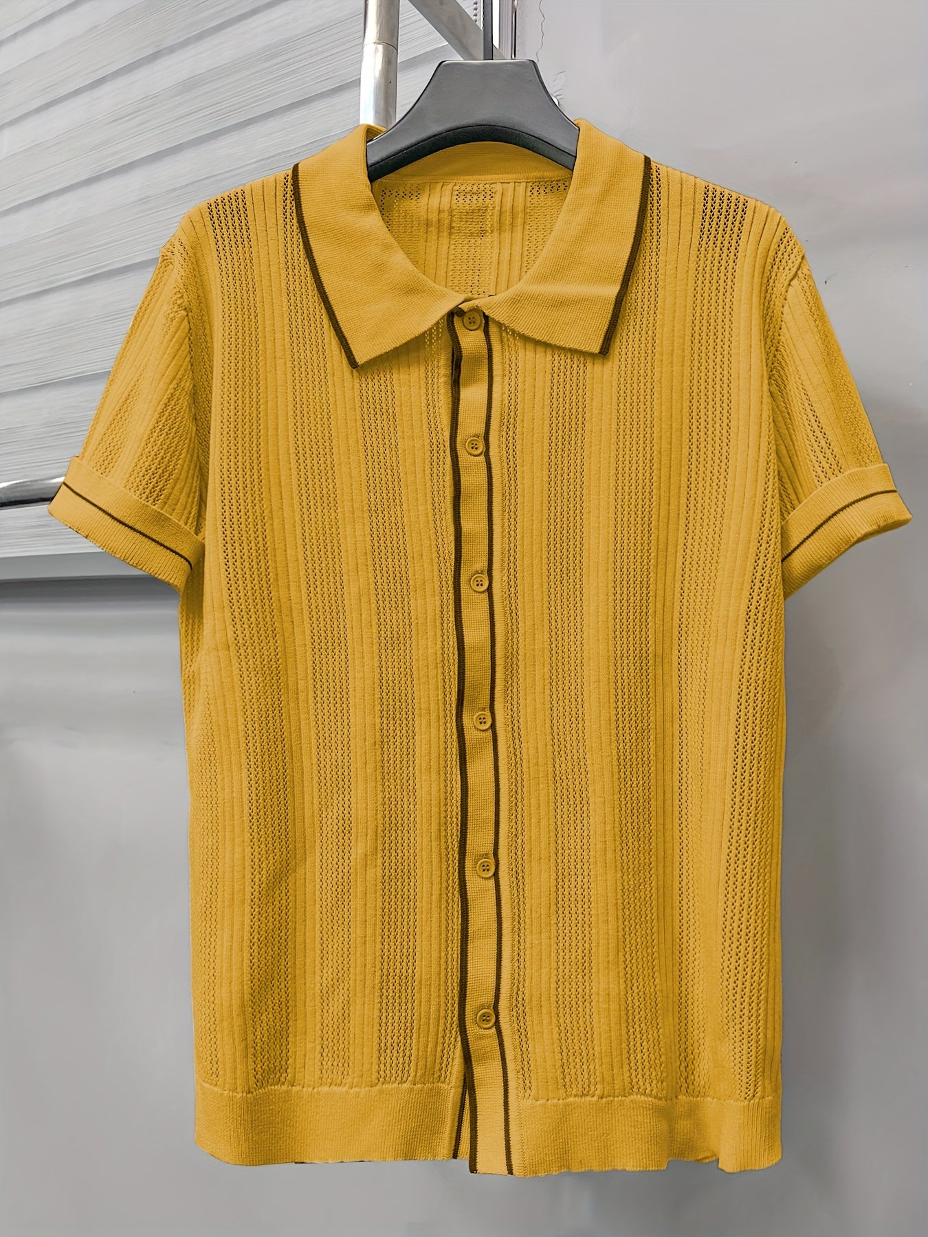 2025 Spring And Summer New Hollow Striped Men'S Shirts, Men'S Casual Contrasting Lapel Short-Sleeved Tops, Men'S Summer Short-Sleeved Shirts, Men'S Shirts for Daily Outings, Men'S Tops, Men'S Shirts