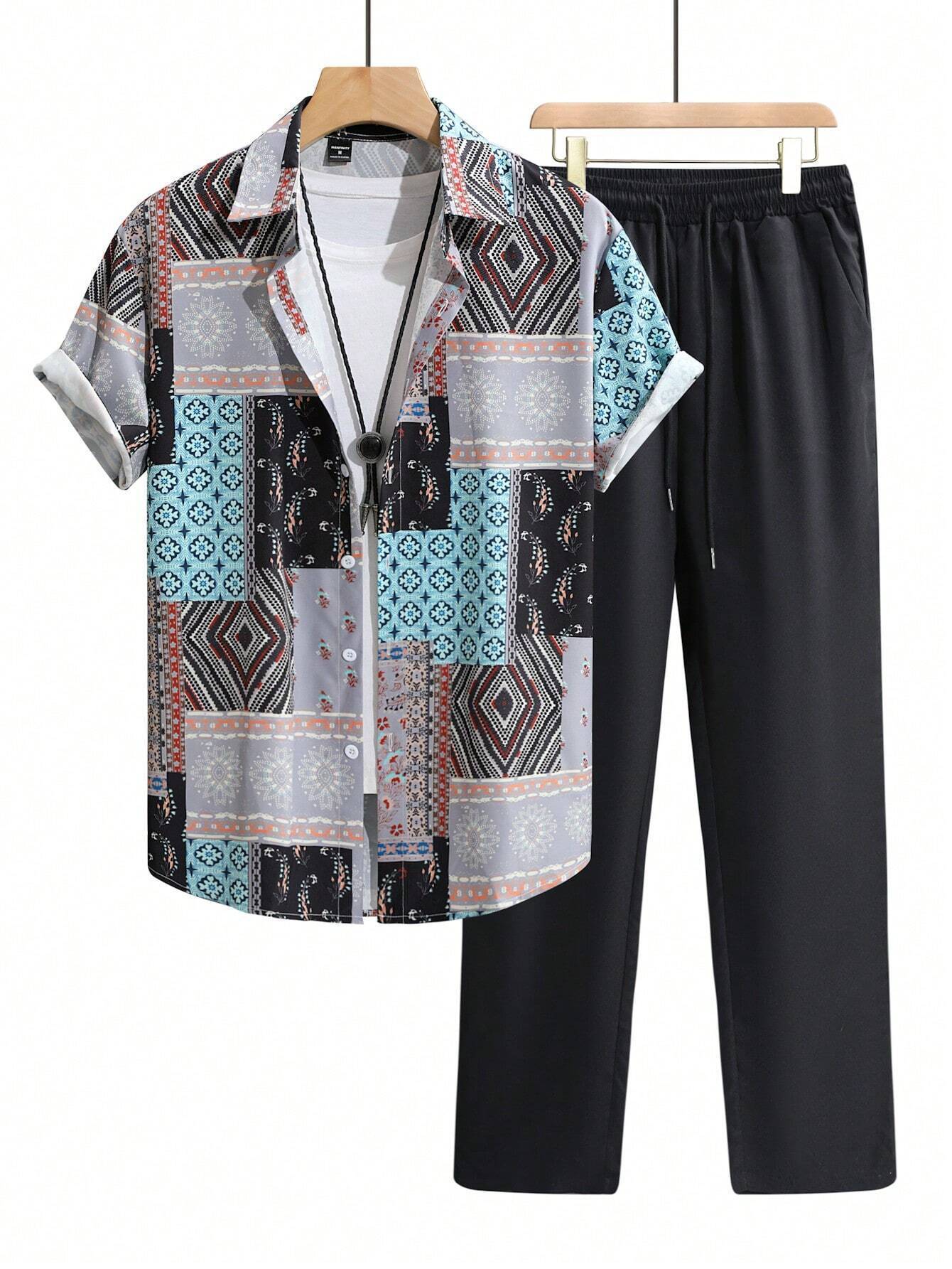 Casual Ethnic Style Short Sleeve Shirt Trousers Suit